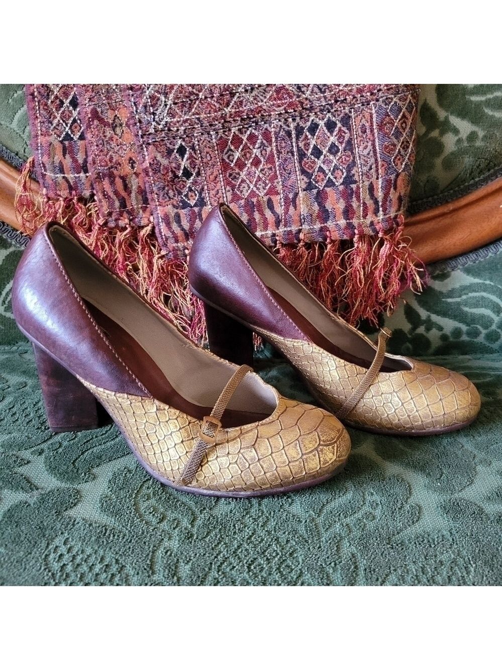 Vintage 30s Style Leather Snakeskin Triangle Offset Wooden Heel Mary Jane Shoes